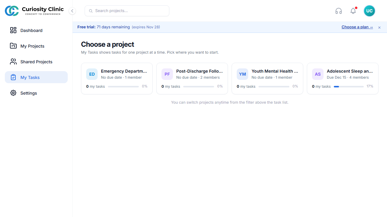 My Tasks — choose a project