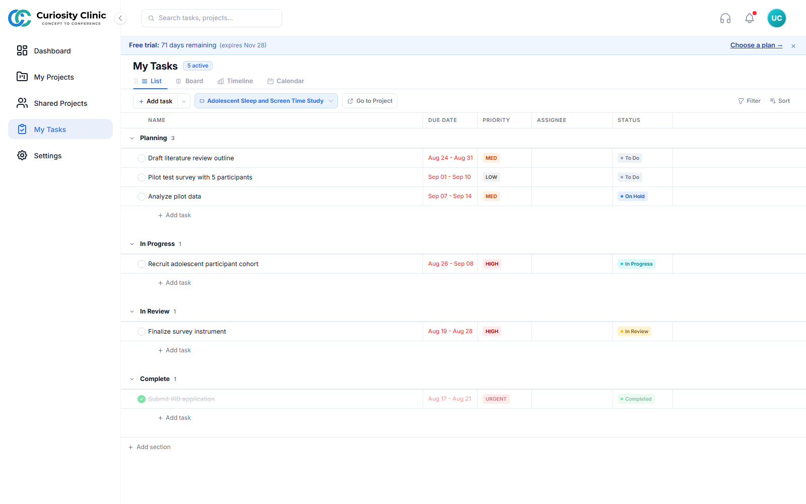 My Tasks — List view