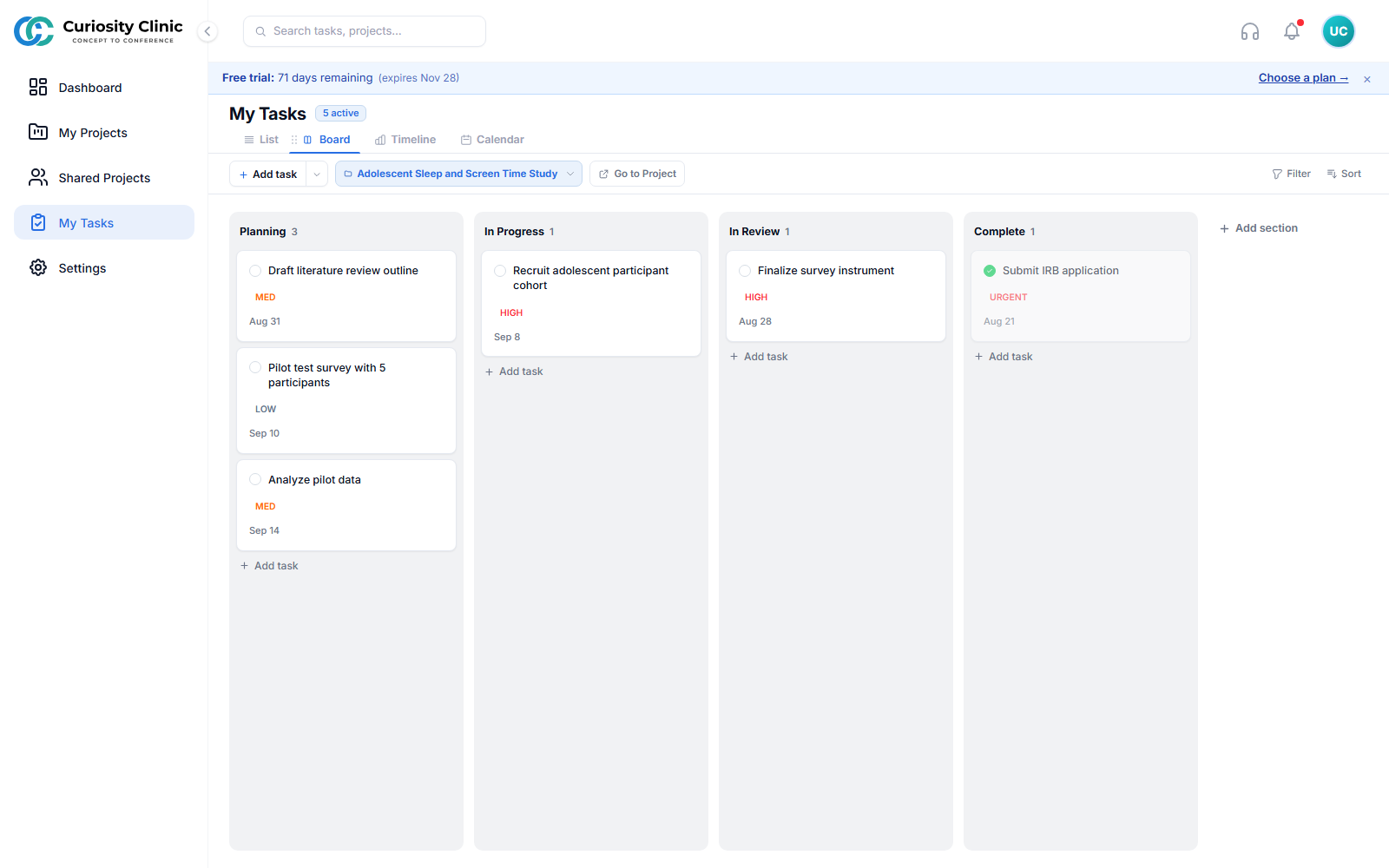 My Tasks — Board view