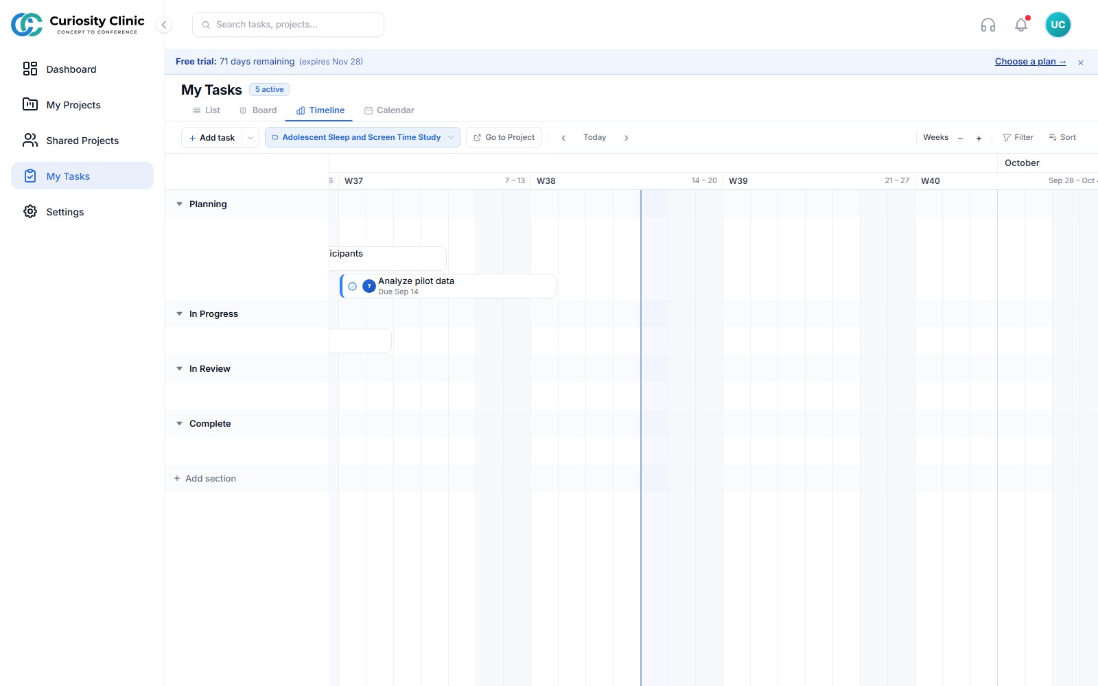 My Tasks — Timeline view