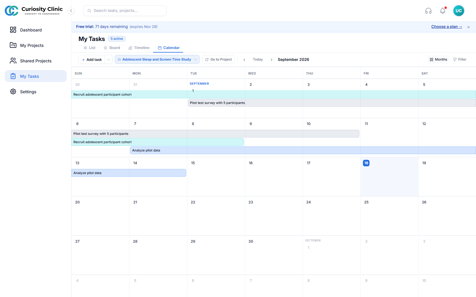 My Tasks — Calendar view