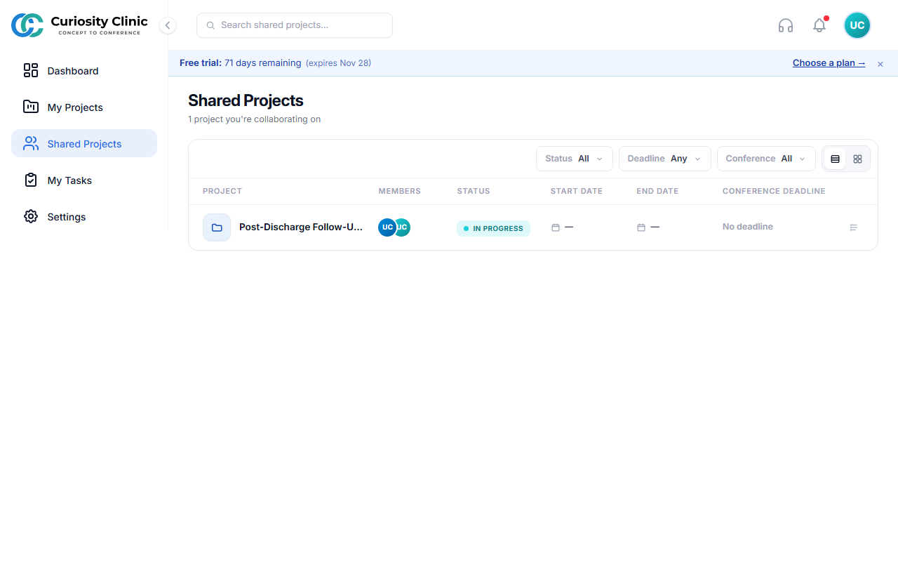 Projects list filtered to shared projects